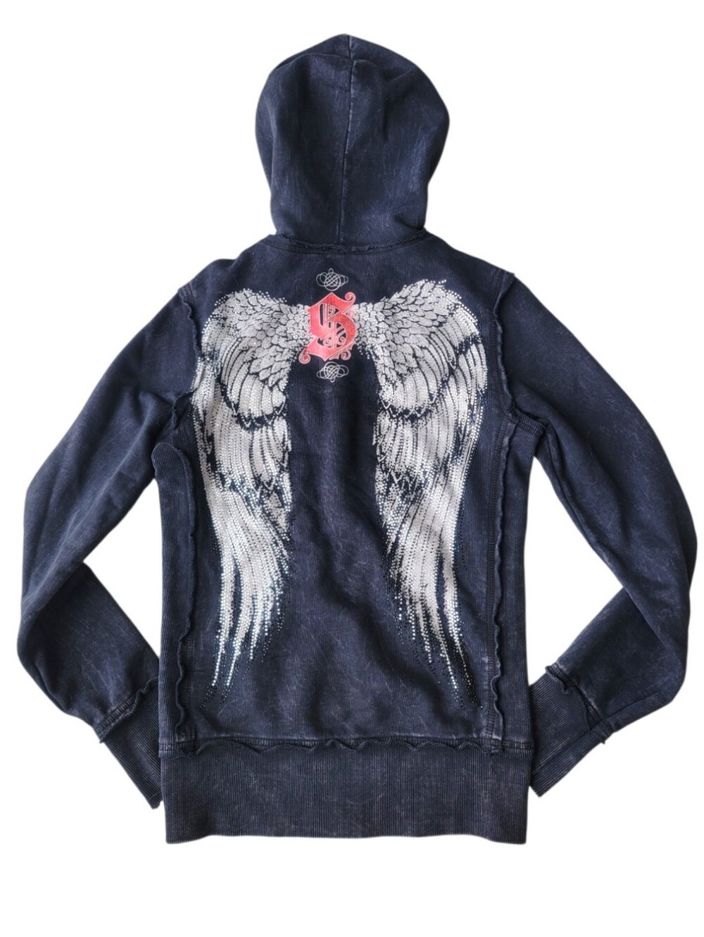 Sinful Black Y2K Distressed Zip Up Hoodie With Rhinestone Wings Size Small
